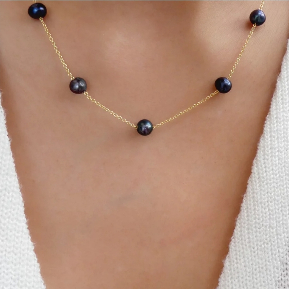 14K Gold Tahitian Pearl Station Necklace